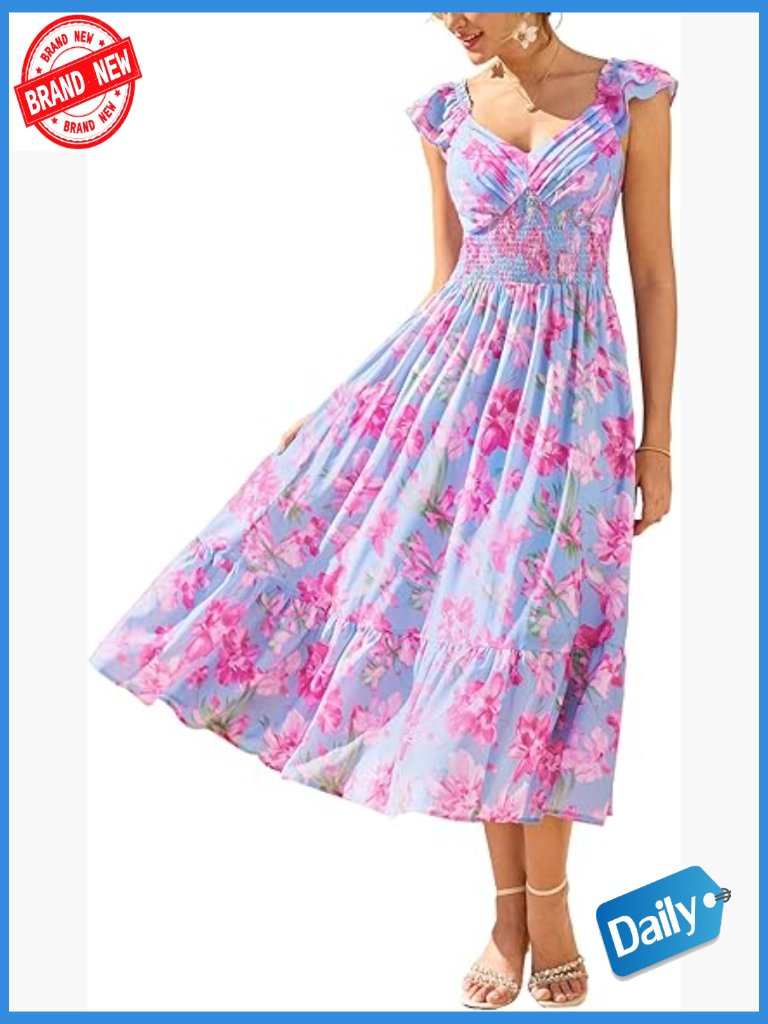 Floral Maxi Dress Ruffle Sleeve Smocked Sundress Wedding Guest Long Dress